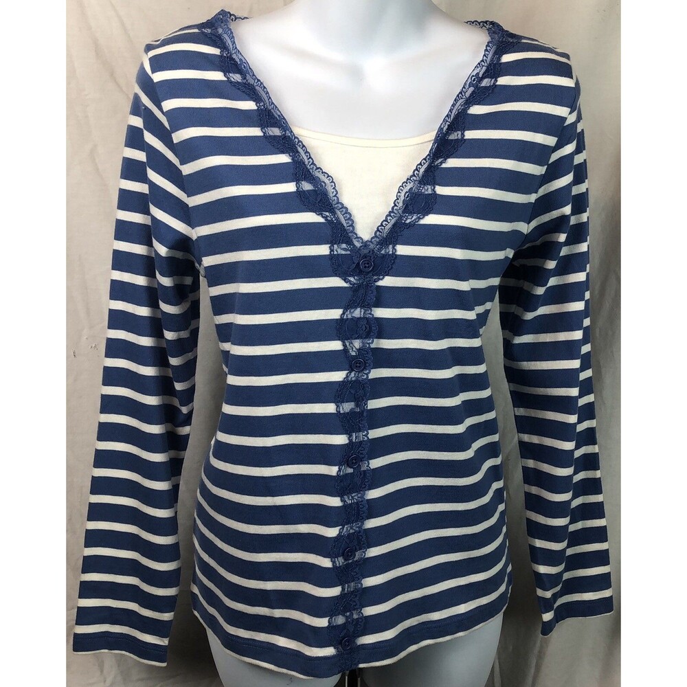 Laura Scott Lace Jersey Top S Blue/Wht Insert Combo V-Neck dainty coastal preppy